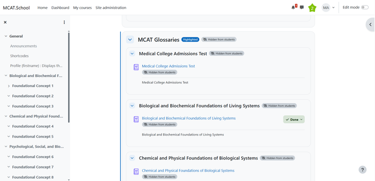 MCAT.school Moodle course page
